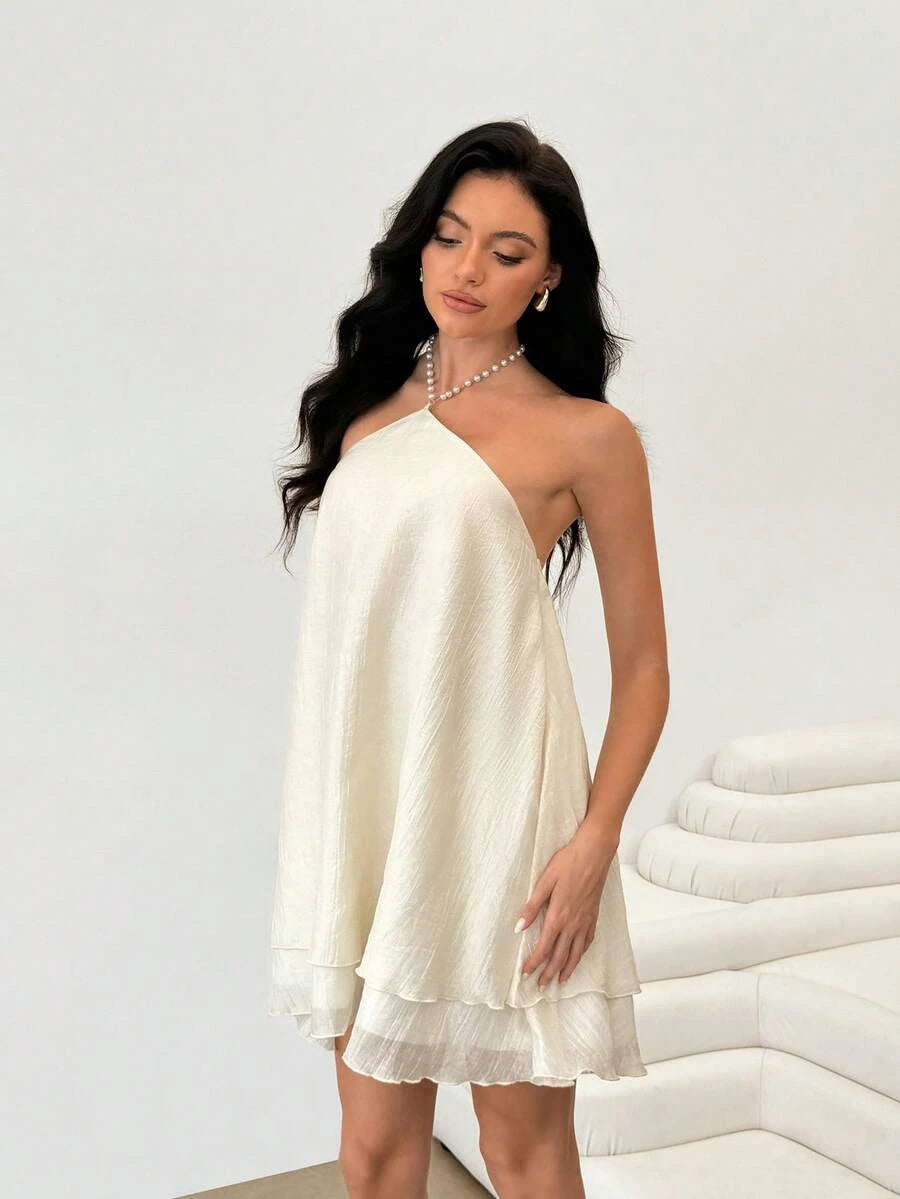 Chic A-Line Halter Tie Backless Tiered Ivory Short Homecoming Dress With Beaded