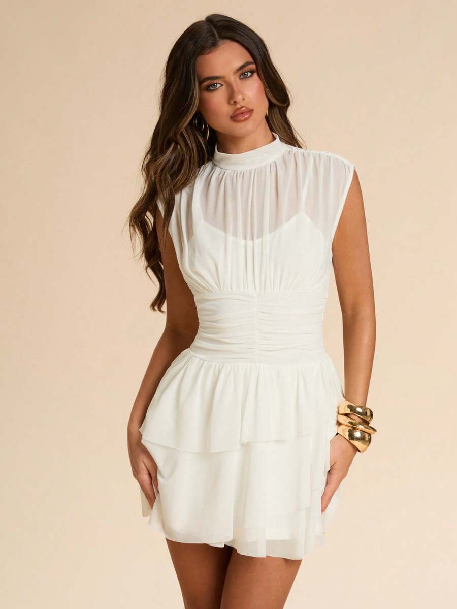 Chic A-Line High Neck Ruched Tiered Ruffle Solid White Short Homecoming Dress
