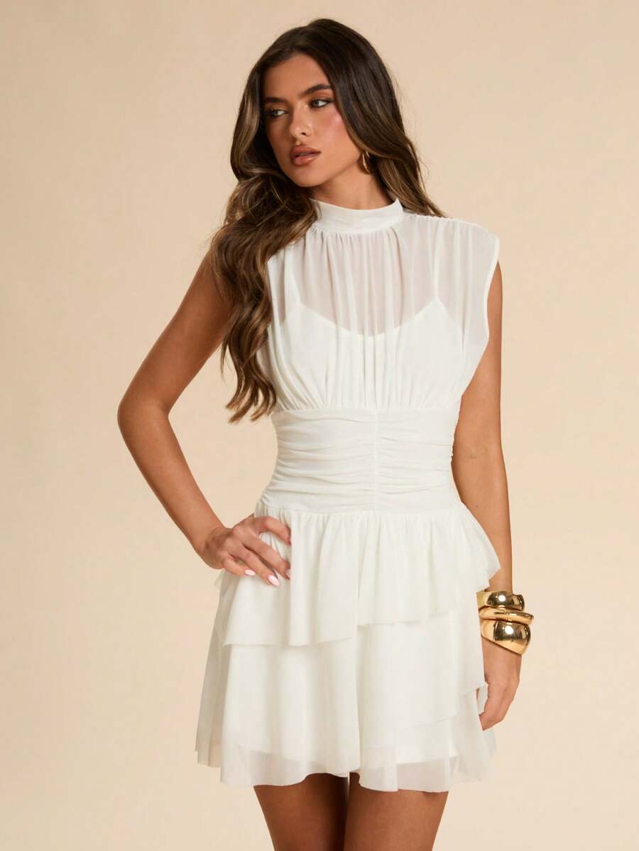 Chic A-Line High Neck Ruched Tiered Ruffle Solid White Short Homecoming Dress