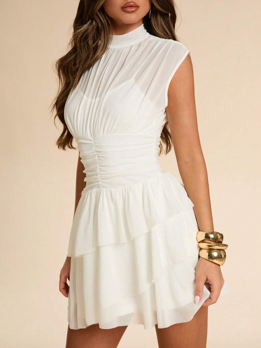 Chic A-Line High Neck Ruched Tiered Ruffle Solid White Short Homecoming Dress