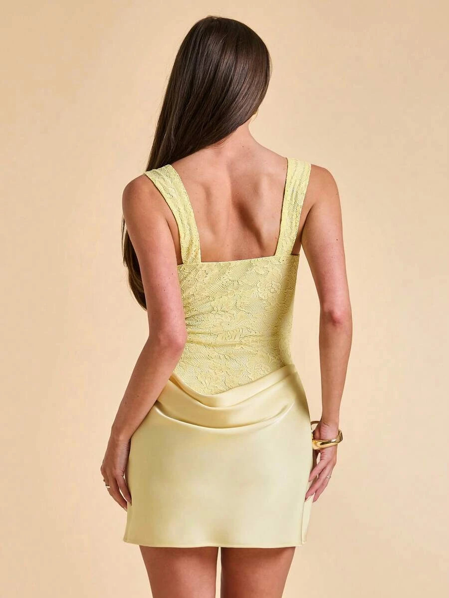 Chic A-Line Square Neck Corset Draped Lace Satin Pale Yellow Mini Homecoming Dress