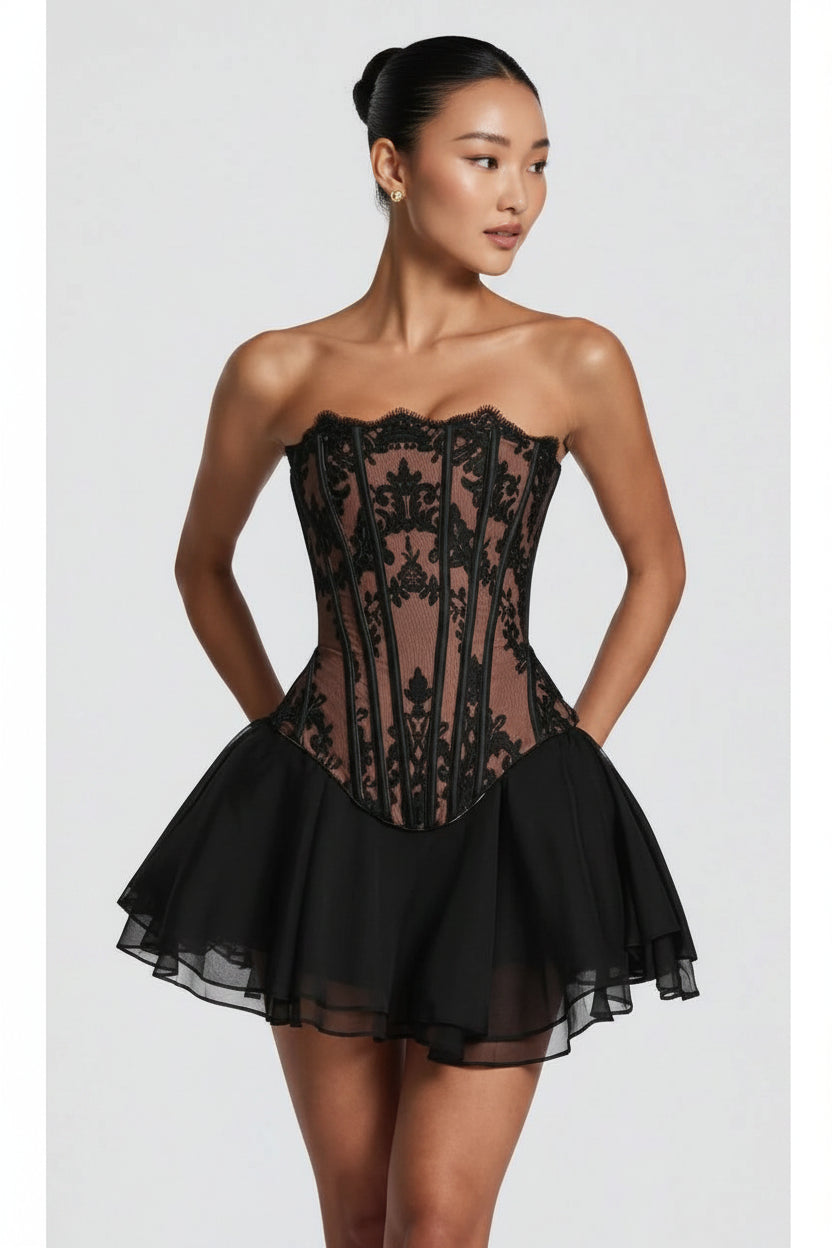 Chic A-Line Strapless Corset Sheer Floral Lace Black Mini Homecoming Dress For Ladies