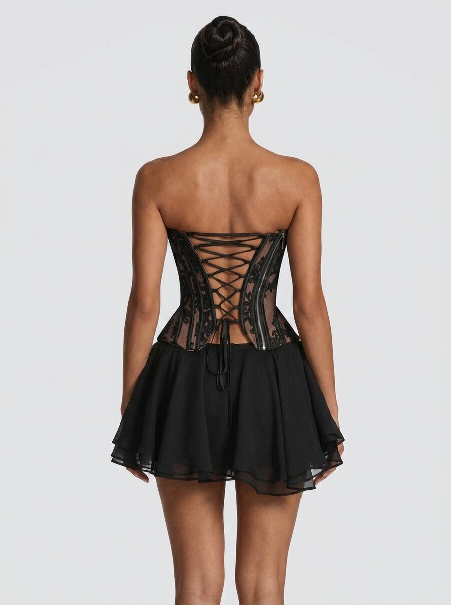 Chic A-Line Strapless Corset Sheer Floral Lace Black Mini Homecoming Dress For Ladies
