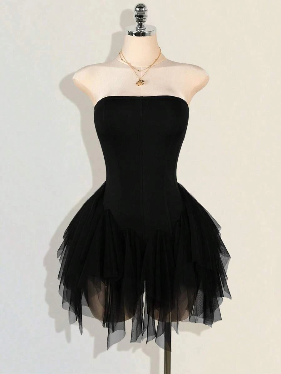 Chic A-Line Strapless Ruffled Tiered Black Mini Homecoming Dress With Asymmetrical Hem