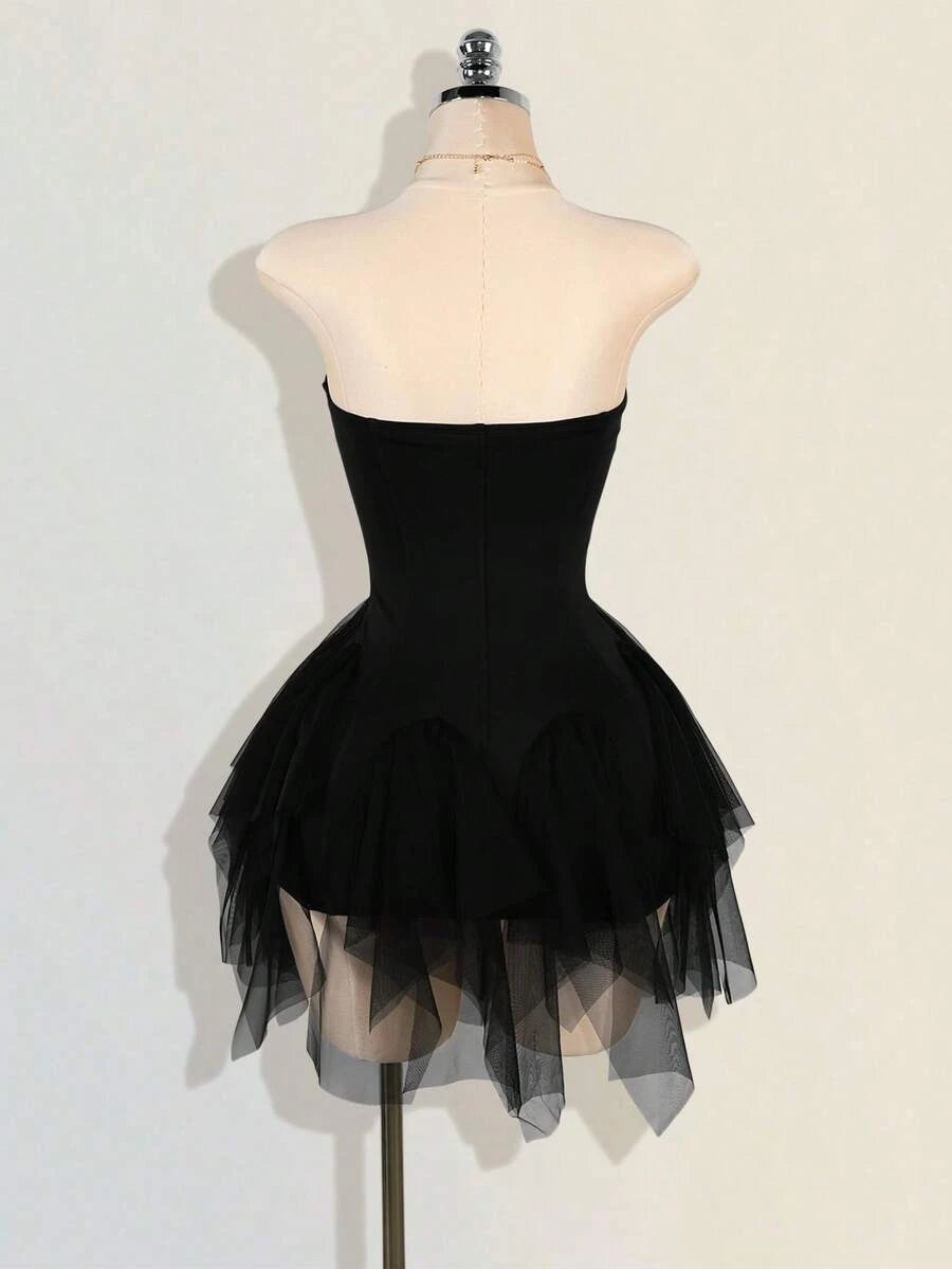 Chic A-Line Strapless Ruffled Tiered Black Mini Homecoming Dress With Asymmetrical Hem