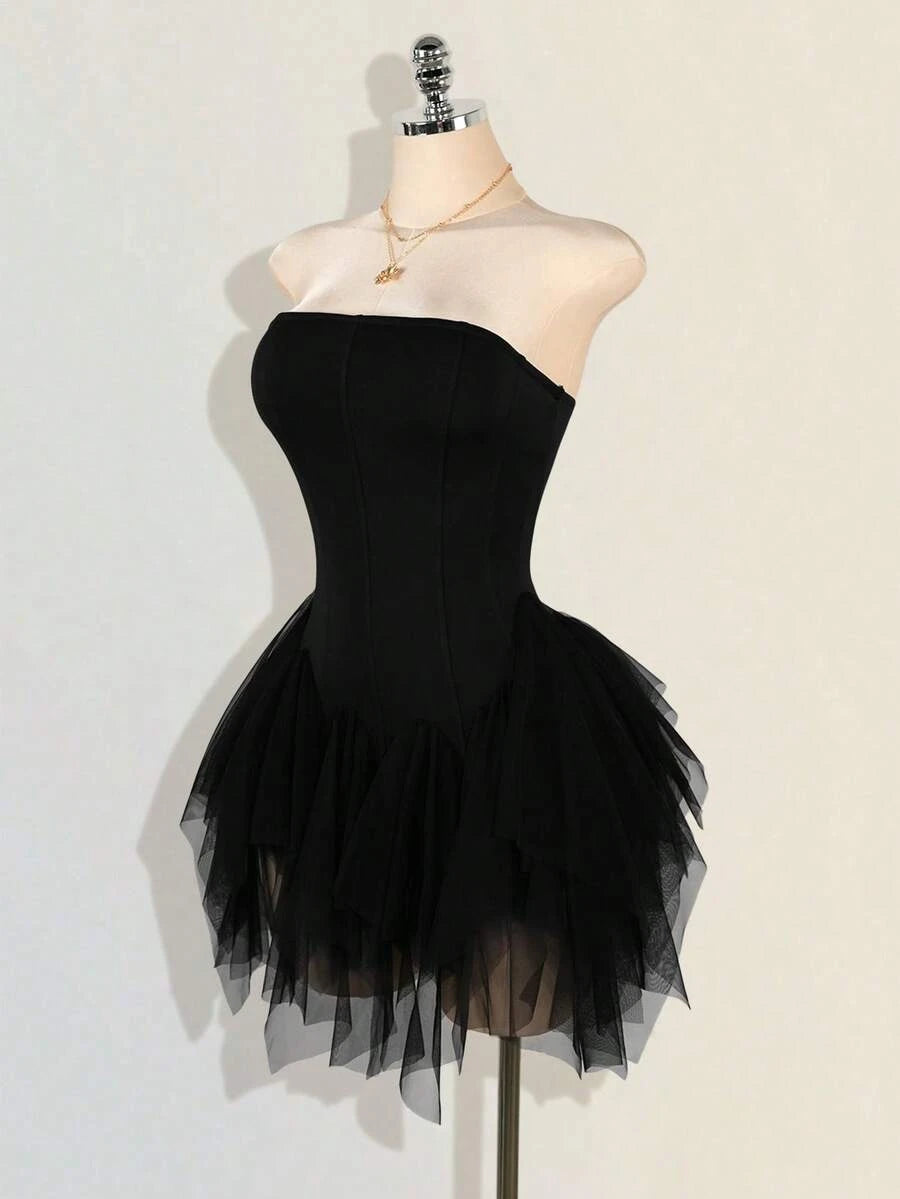 Chic A-Line Strapless Ruffled Tiered Black Mini Homecoming Dress With Asymmetrical Hem