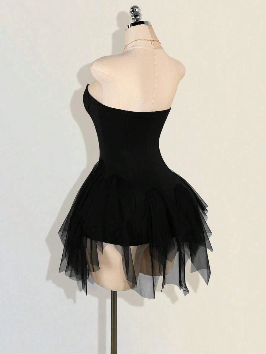 Chic A-Line Strapless Ruffled Tiered Black Mini Homecoming Dress With Asymmetrical Hem