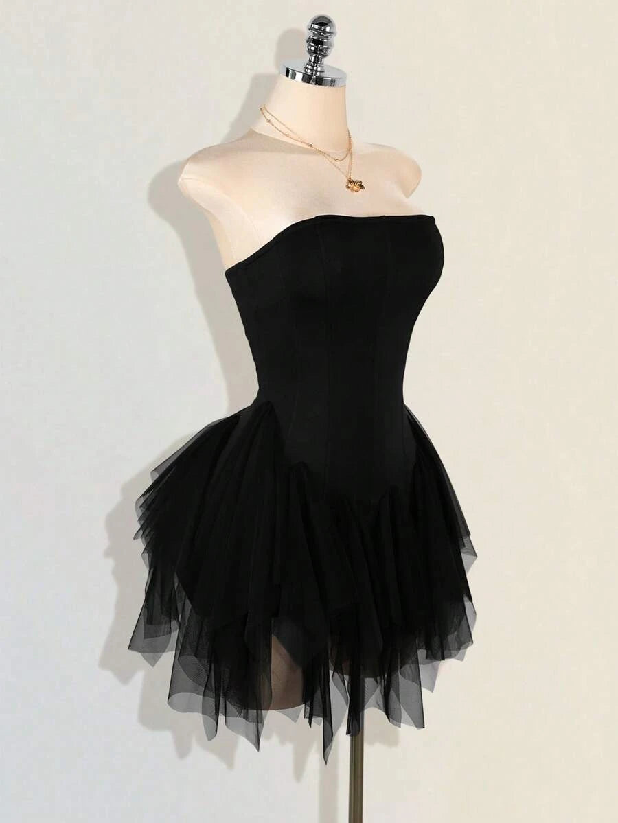 Chic A-Line Strapless Ruffled Tiered Black Mini Homecoming Dress With Asymmetrical Hem