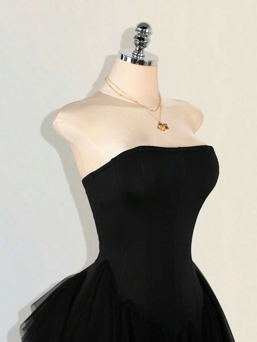 Chic A-Line Strapless Ruffled Tiered Black Mini Homecoming Dress With Asymmetrical Hem