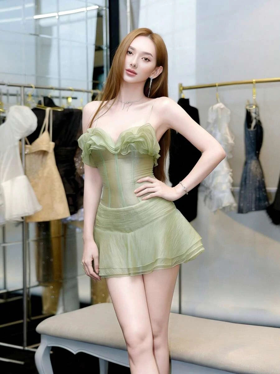 Chic A-Line Sweetheart Tiered Ruffled Corset Sage Green Mini Homecoming Dresses