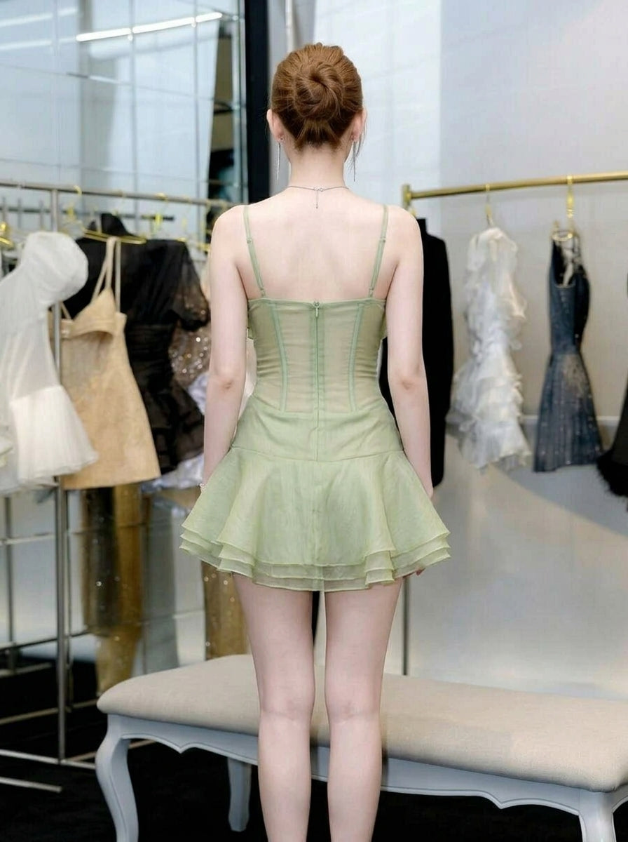 Chic A-Line Sweetheart Tiered Ruffled Corset Sage Green Mini Homecoming Dresses