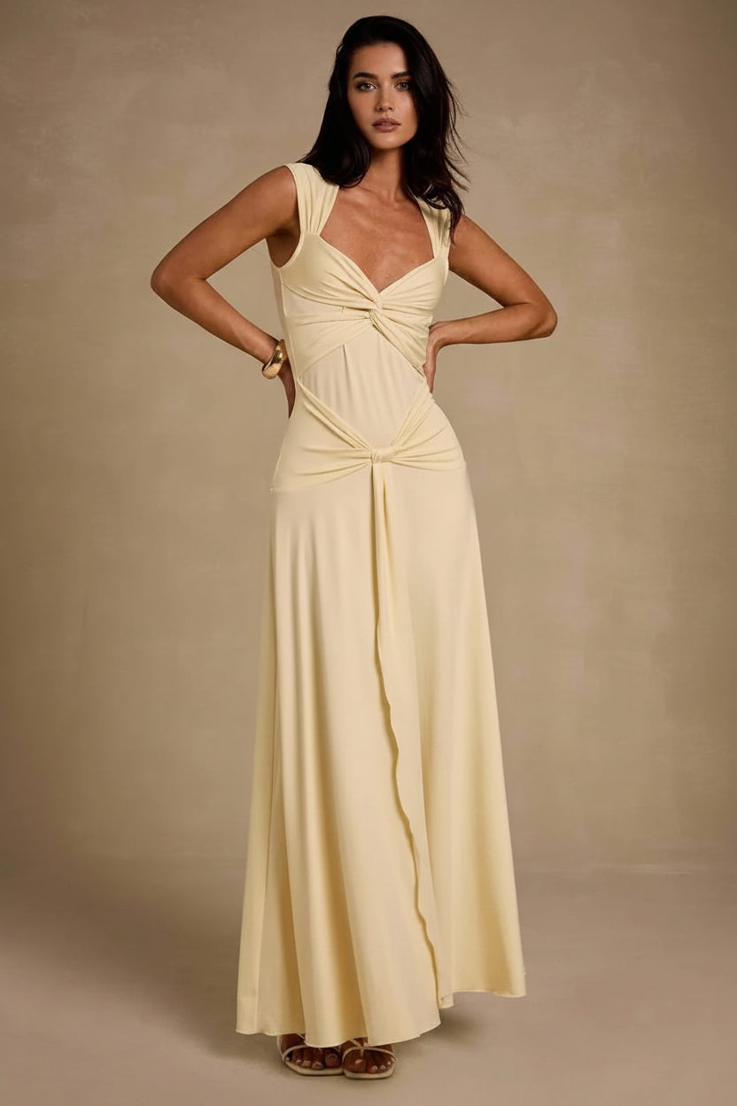 Chic A-Line Sweetheart Twisted Flowy Light Yellow Floor-Length Prom Dress