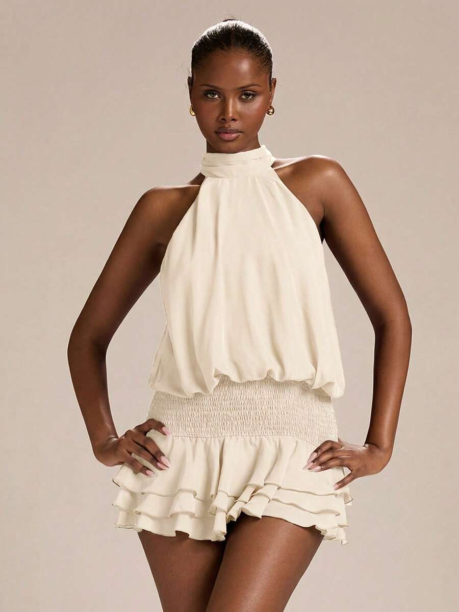 Chic Blouson Halter Tiered Ruffled Cream Mini Homecoming Dress For Ladies
