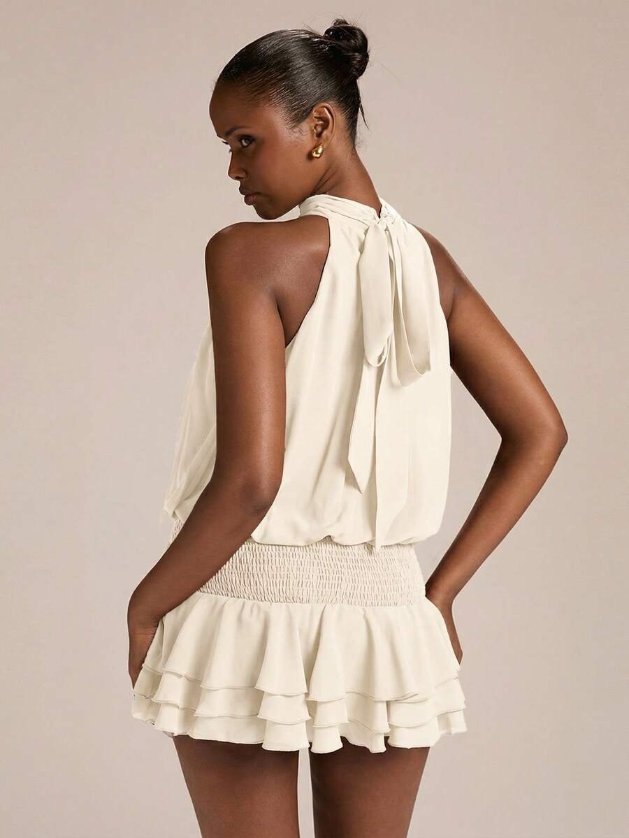 Chic Blouson Halter Tiered Ruffled Cream Mini Homecoming Dress For Ladies