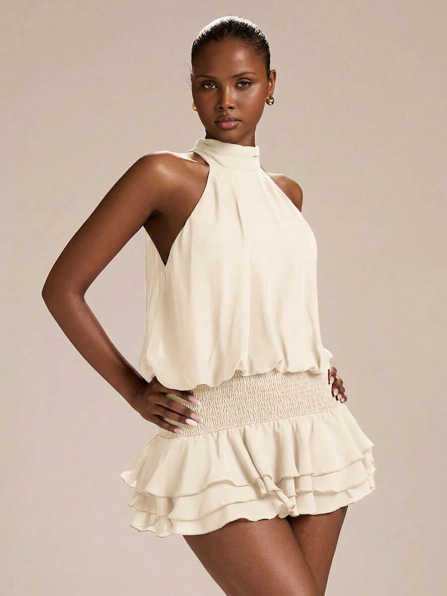 Chic Blouson Halter Tiered Ruffled Cream Mini Homecoming Dress For Ladies