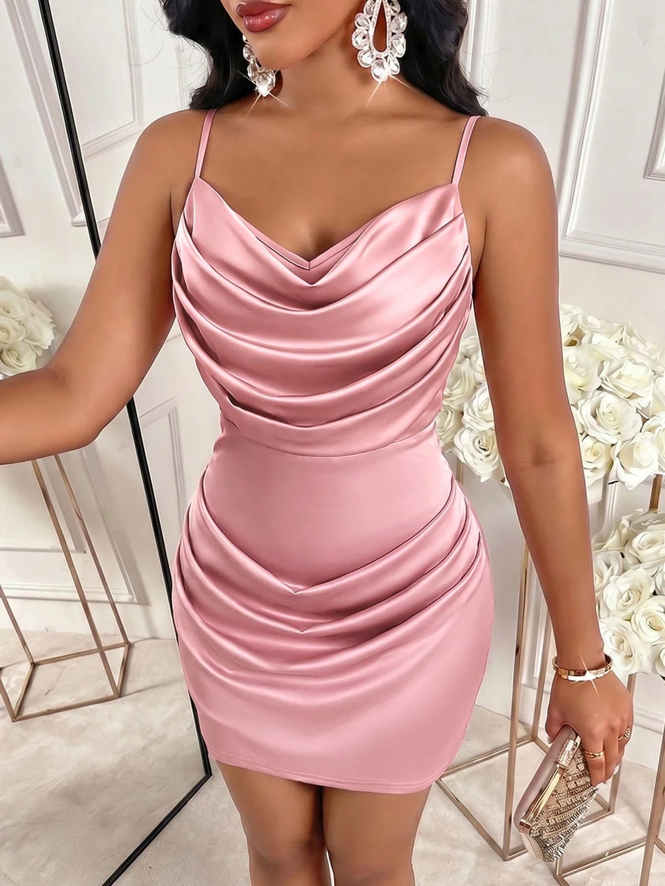 Chic Bodycon Cowl Neck Draped Ruched Satin Rose Pink Mini Homecoming Dress