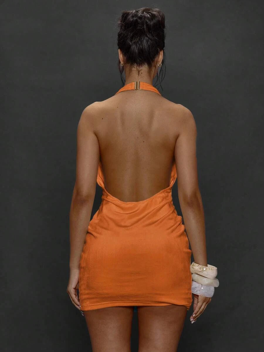 Chic Bodycon Halter Neck Backless Ruched Orange Mini Homecoming Dress