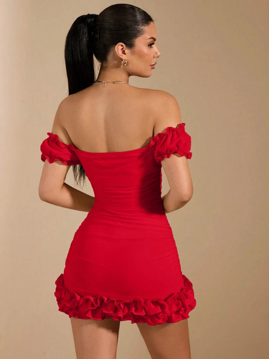 Chic Bodycon Off-Shoulder Ruched Ruffle Red Mini Homecoming Dress For Ladies