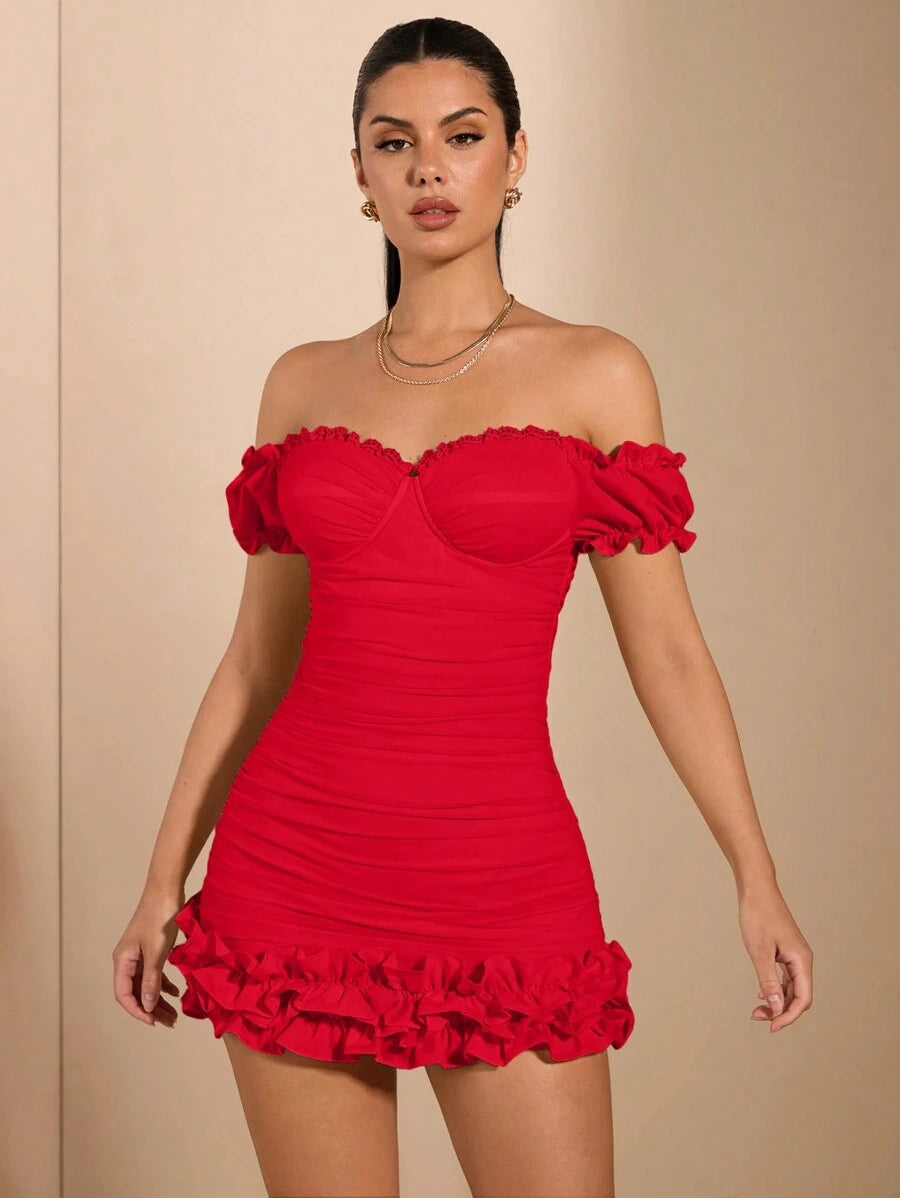 Chic Bodycon Off-Shoulder Ruched Ruffle Red Mini Homecoming Dress For Ladies