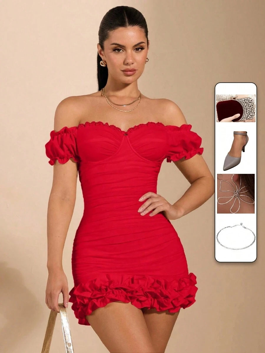 Chic Bodycon Off-Shoulder Ruched Ruffle Red Mini Homecoming Dress For Ladies