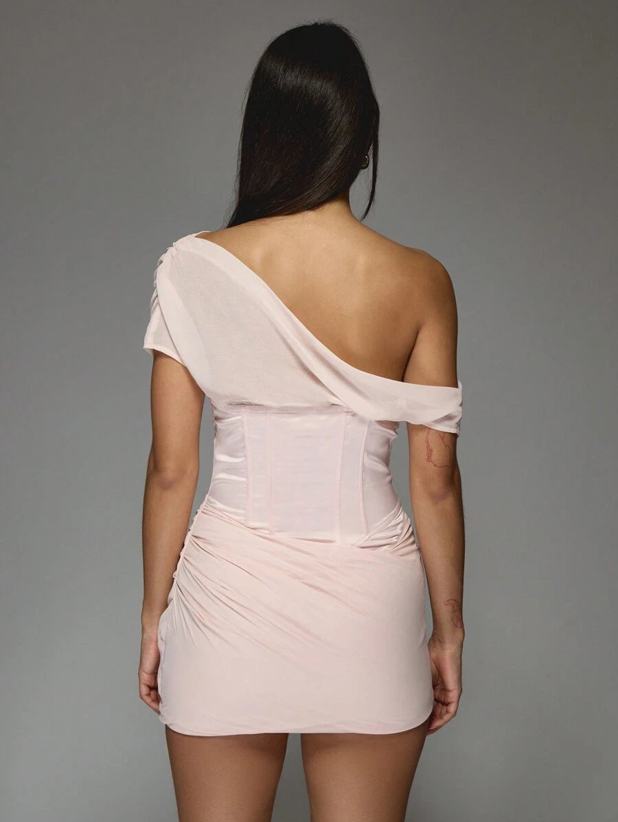 Chic Bodycon One-Shoulder Draped Corset Ruched Blush Pink Mini Homecoming Dress
