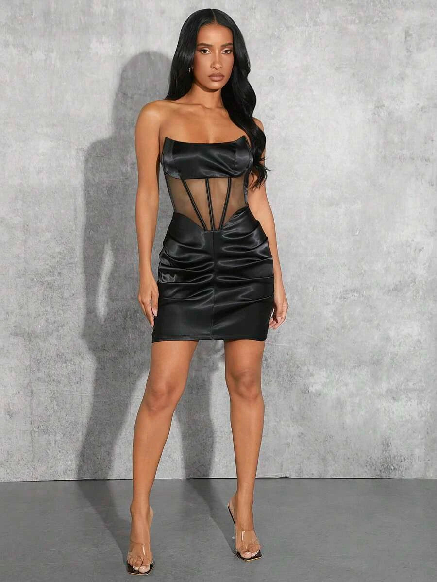 Chic Bodycon Strapless Corset Sheer Ruched Satin Black Mini Homecoming Dress