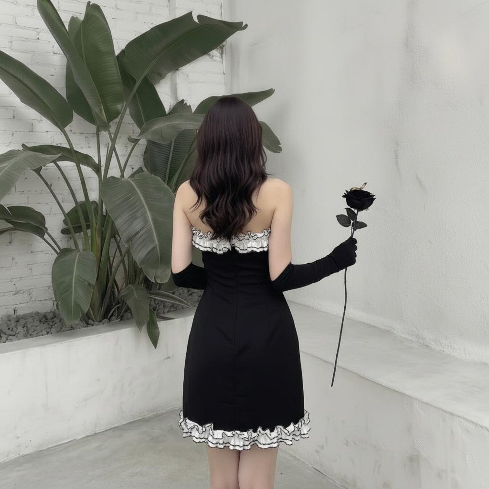 Chic Bodycon Strapless Ruffled Trim Ruched Black Mini Homecoming Dresses