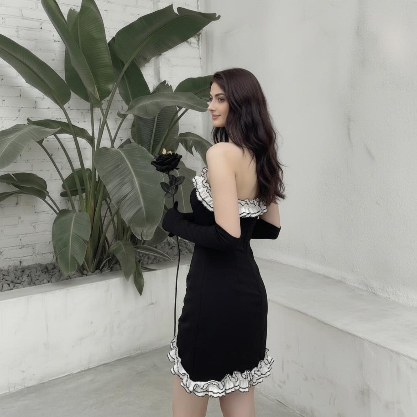 Chic Bodycon Strapless Ruffled Trim Ruched Black Mini Homecoming Dresses