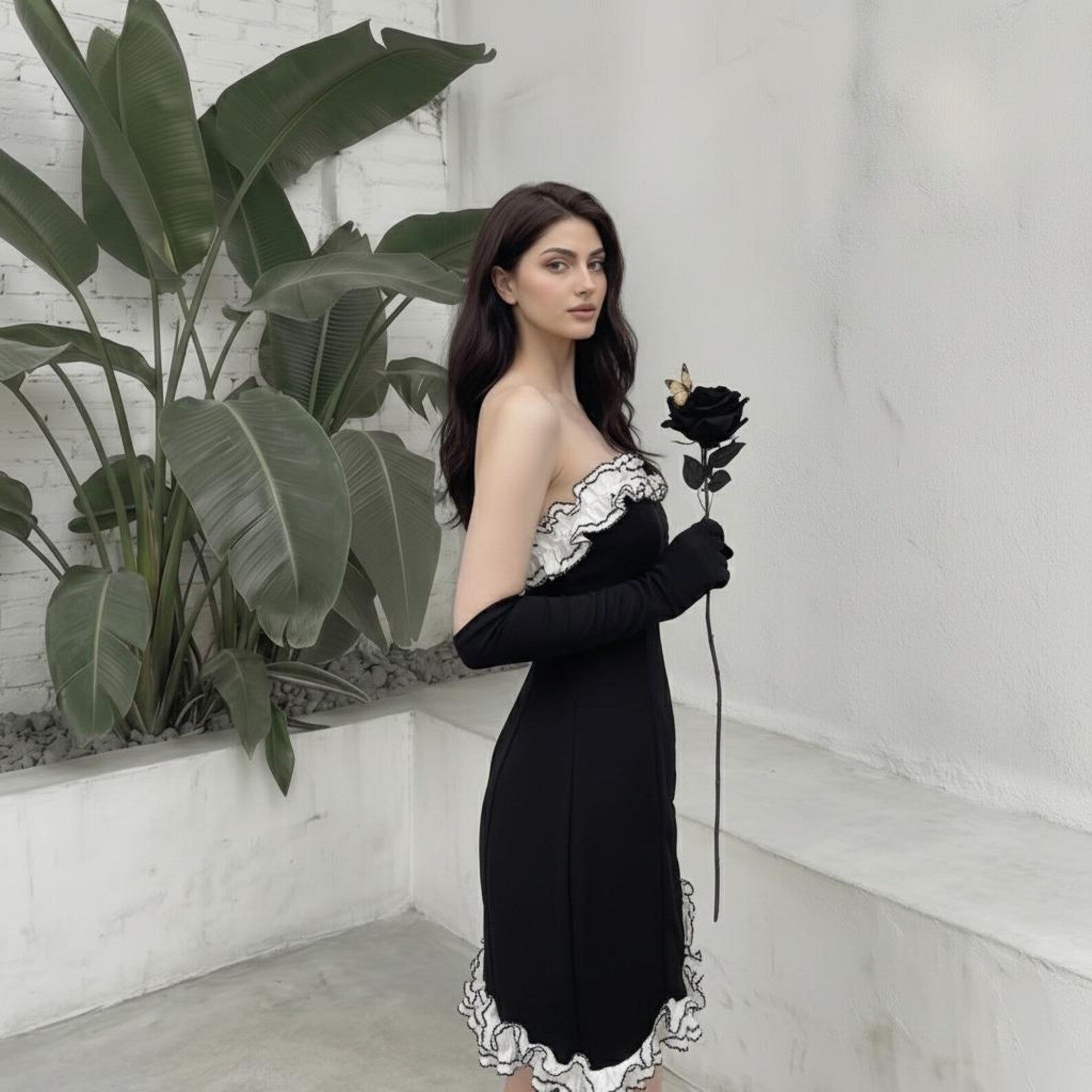 Chic Bodycon Strapless Ruffled Trim Ruched Black Mini Homecoming Dresses