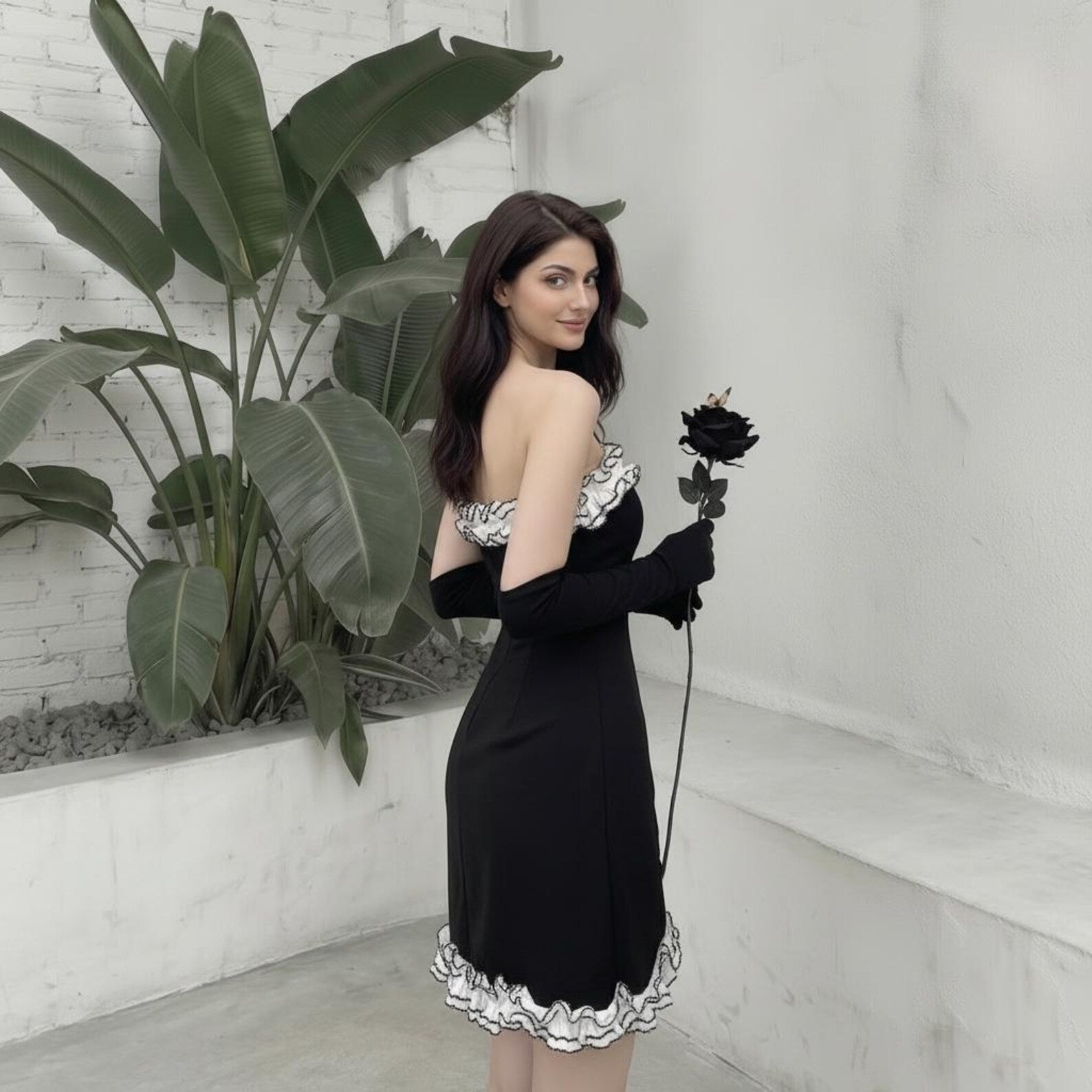 Chic Bodycon Strapless Ruffled Trim Ruched Black Mini Homecoming Dresses