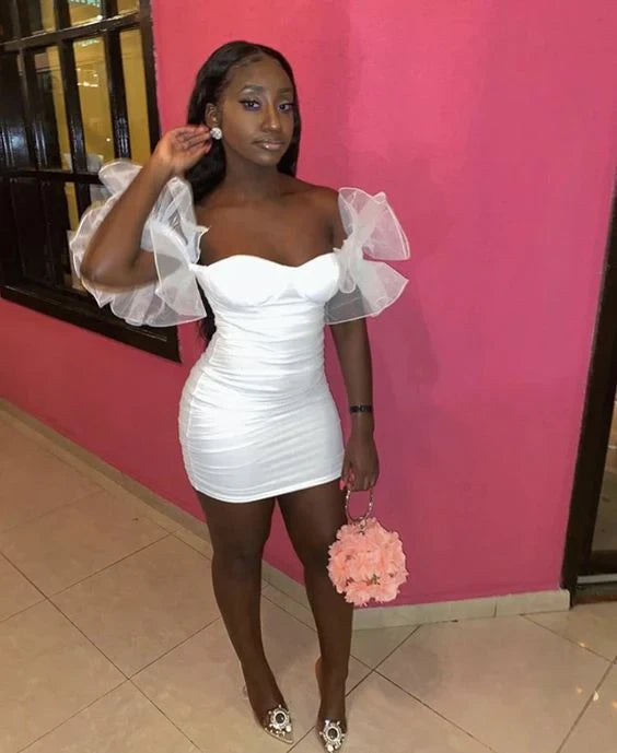 Chic Bodycon Sweetheart Puffy Ruffled Ruched White Mini Homecoming Dresses