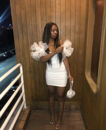 Chic Bodycon Sweetheart Puffy Ruffled Ruched White Mini Homecoming Dresses