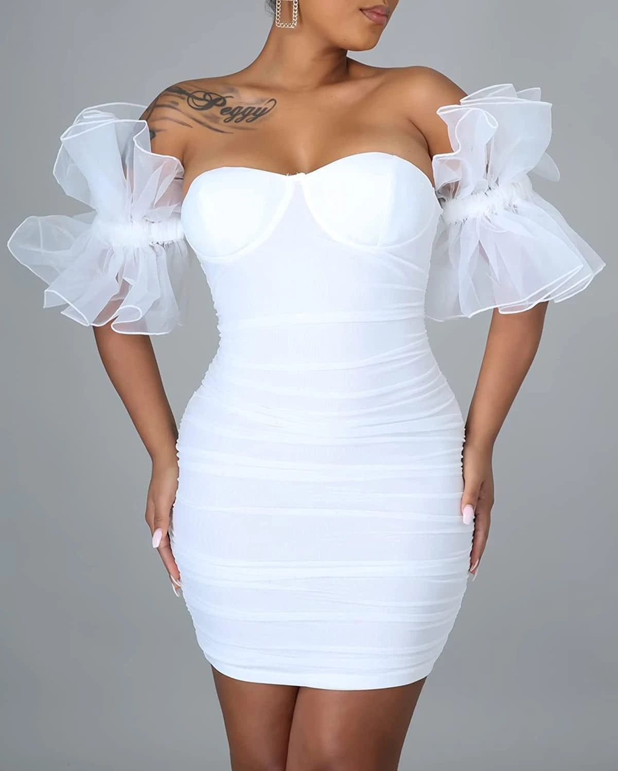 Chic Bodycon Sweetheart Puffy Ruffled Ruched White Mini Homecoming Dresses