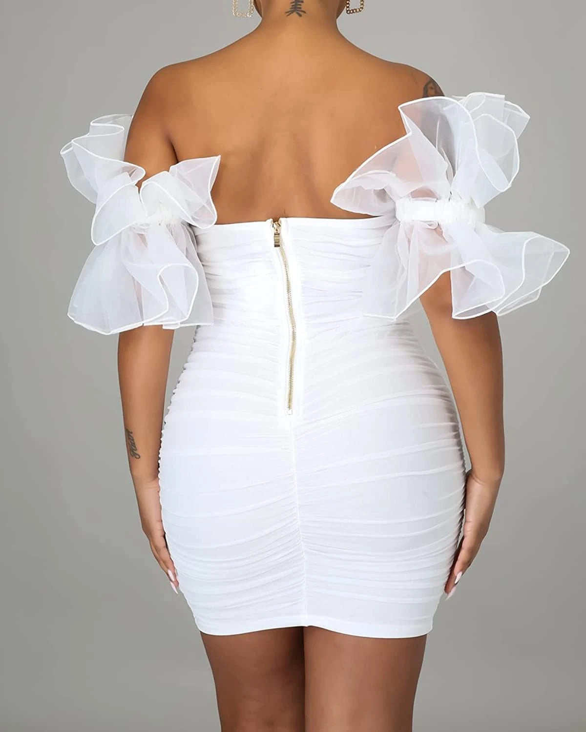 Chic Bodycon Sweetheart Puffy Ruffled Ruched White Mini Homecoming Dresses