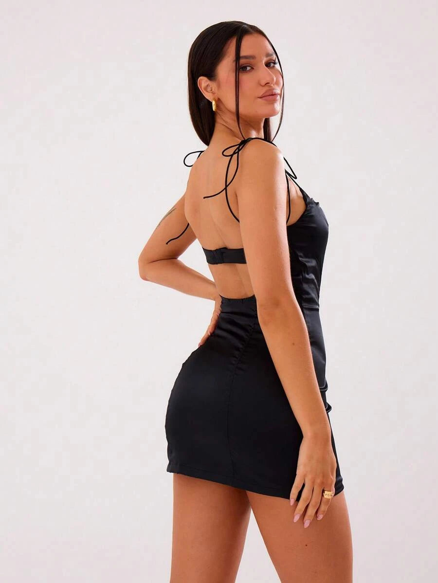 Chic Bodycon Sweetheart Tie Strap Open Back Sexy Black Mini Homecoming Dress