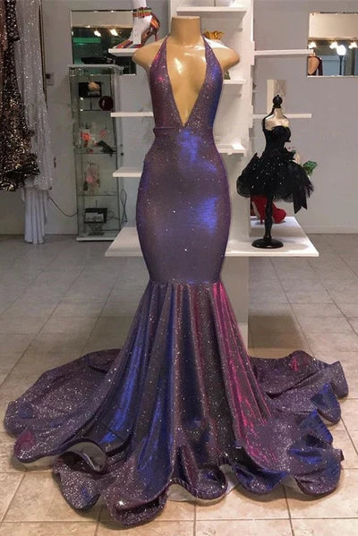 Chic Deep Halter V-Neck Sleeveless Prom Dresses Mermaid Sequin Evening Dress With Sweep Train