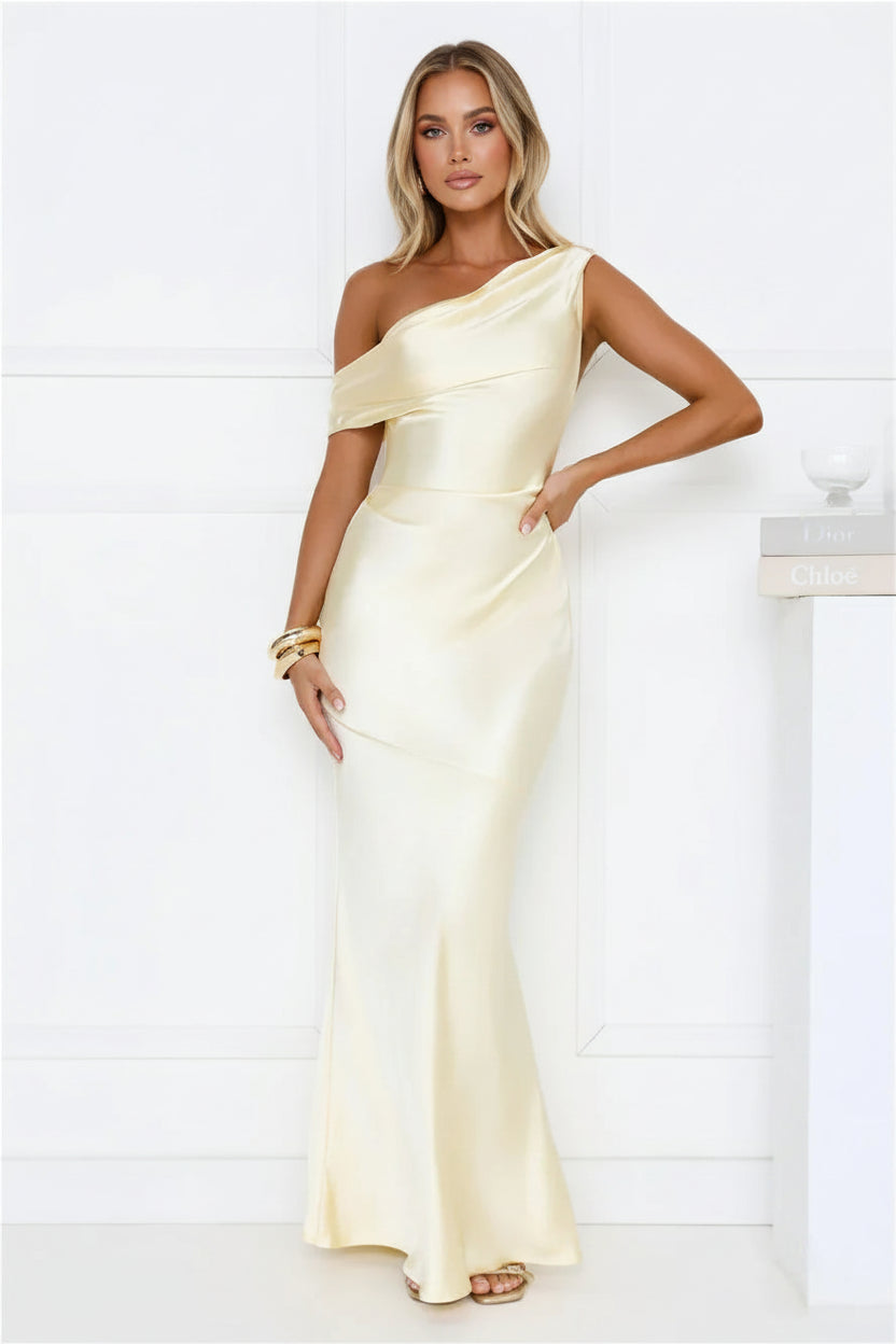 Chic Glamorous Sheath One-Shoulder Draped Satin Pale Yellow Floor-Length Prom Dress