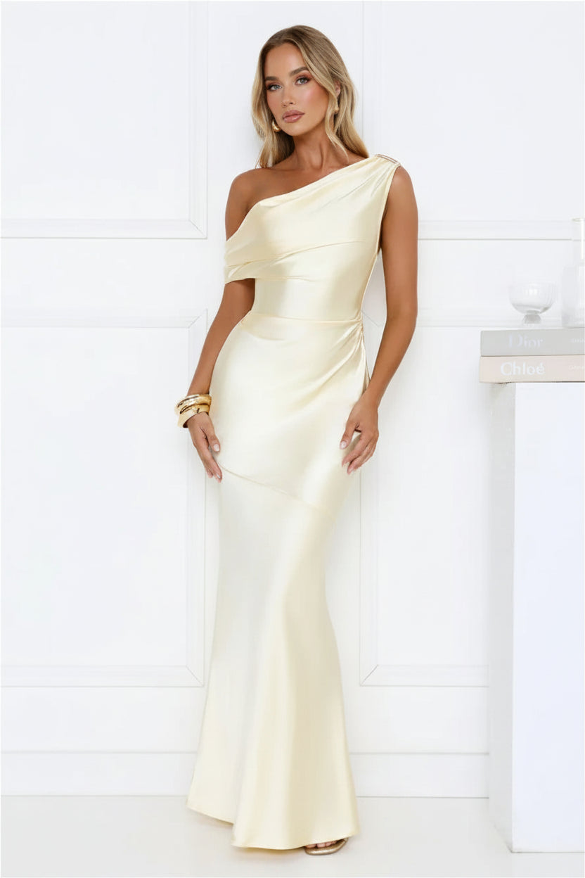 Chic Glamorous Sheath One-Shoulder Draped Satin Pale Yellow Floor-Length Prom Dress