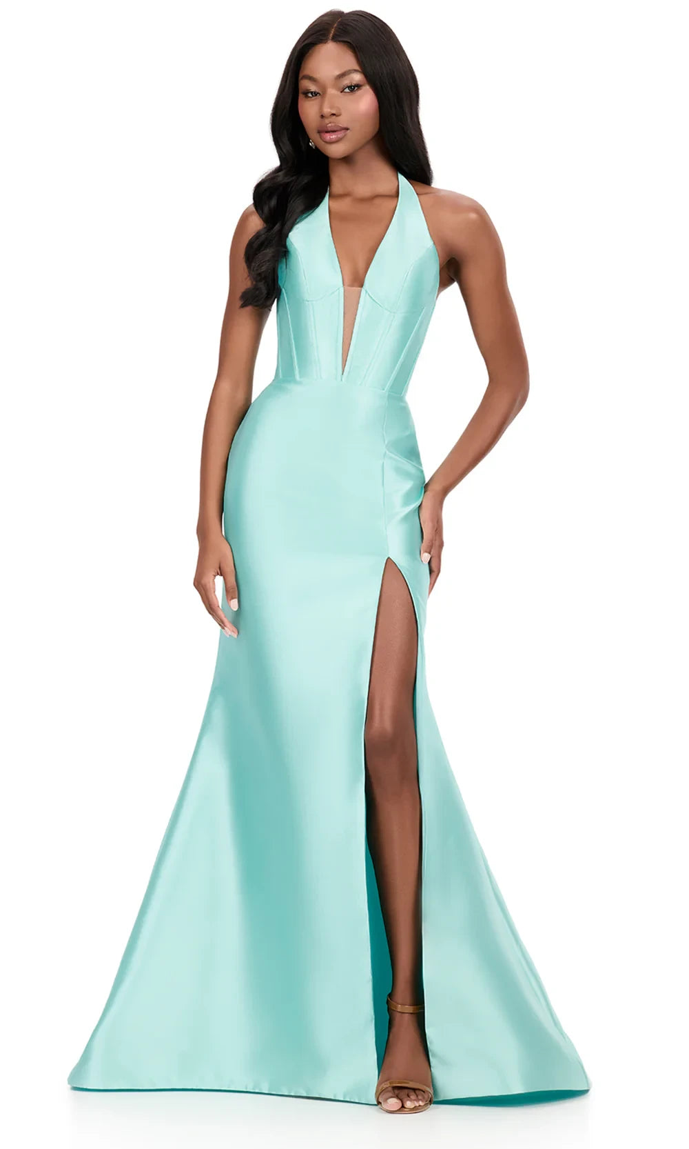 Chic Mermaid Halter Deep-V High-Slit Ruffled-Back Aqua Floor-Length Prom Dress