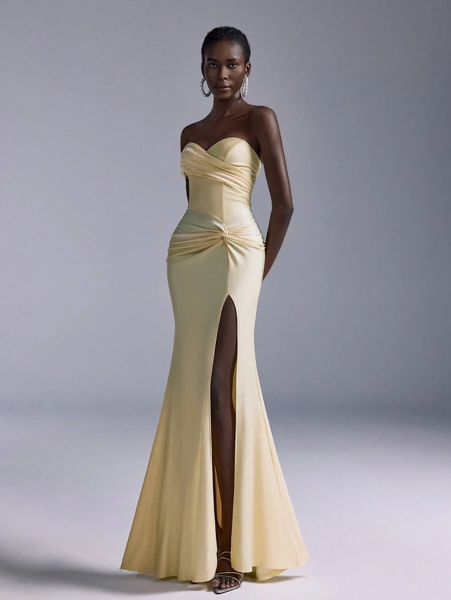 Chic Mermaid Off-Shoulder Ruched Knot High Slit Pale Yellow Floor-Length Prom Dress