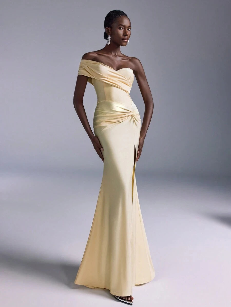 Chic Mermaid Off-Shoulder Ruched Knot High Slit Pale Yellow Floor-Length Prom Dress
