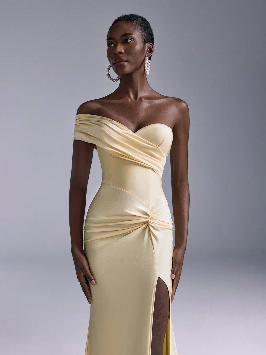 Chic Mermaid Off-Shoulder Ruched Knot High Slit Pale Yellow Floor-Length Prom Dress