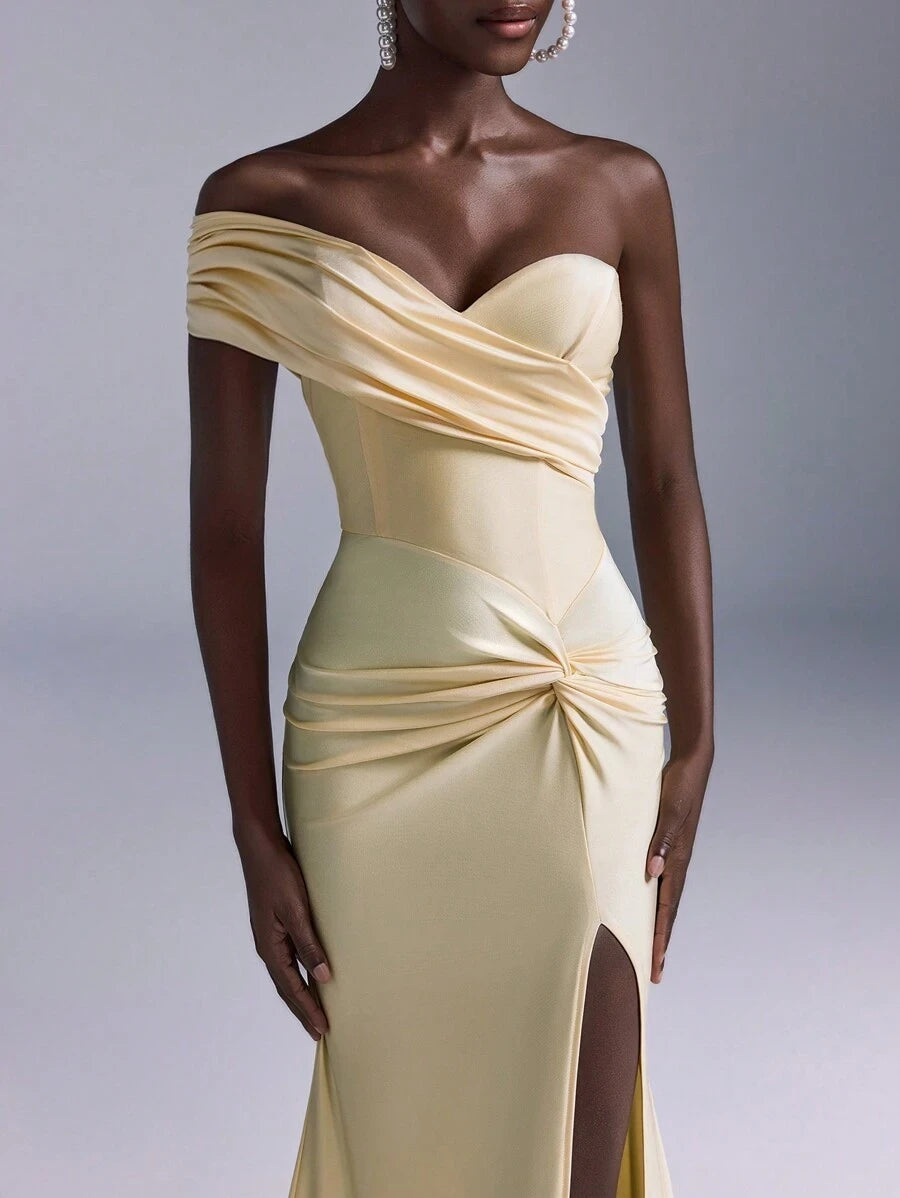 Chic Mermaid Off-Shoulder Ruched Knot High Slit Pale Yellow Floor-Length Prom Dress