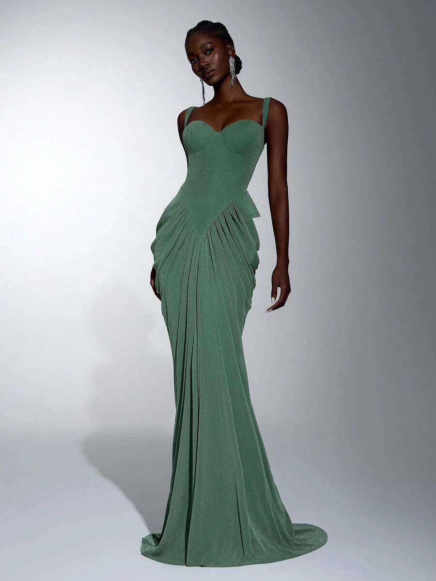 Chic Mermaid Sweetheart Draped Shimmering Sage Green Floor-Length Prom Dress