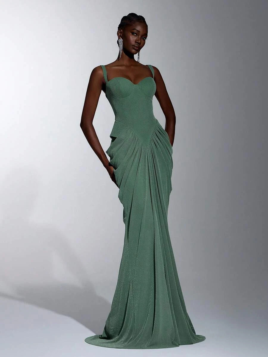 Chic Mermaid Sweetheart Draped Shimmering Sage Green Floor-Length Prom Dress