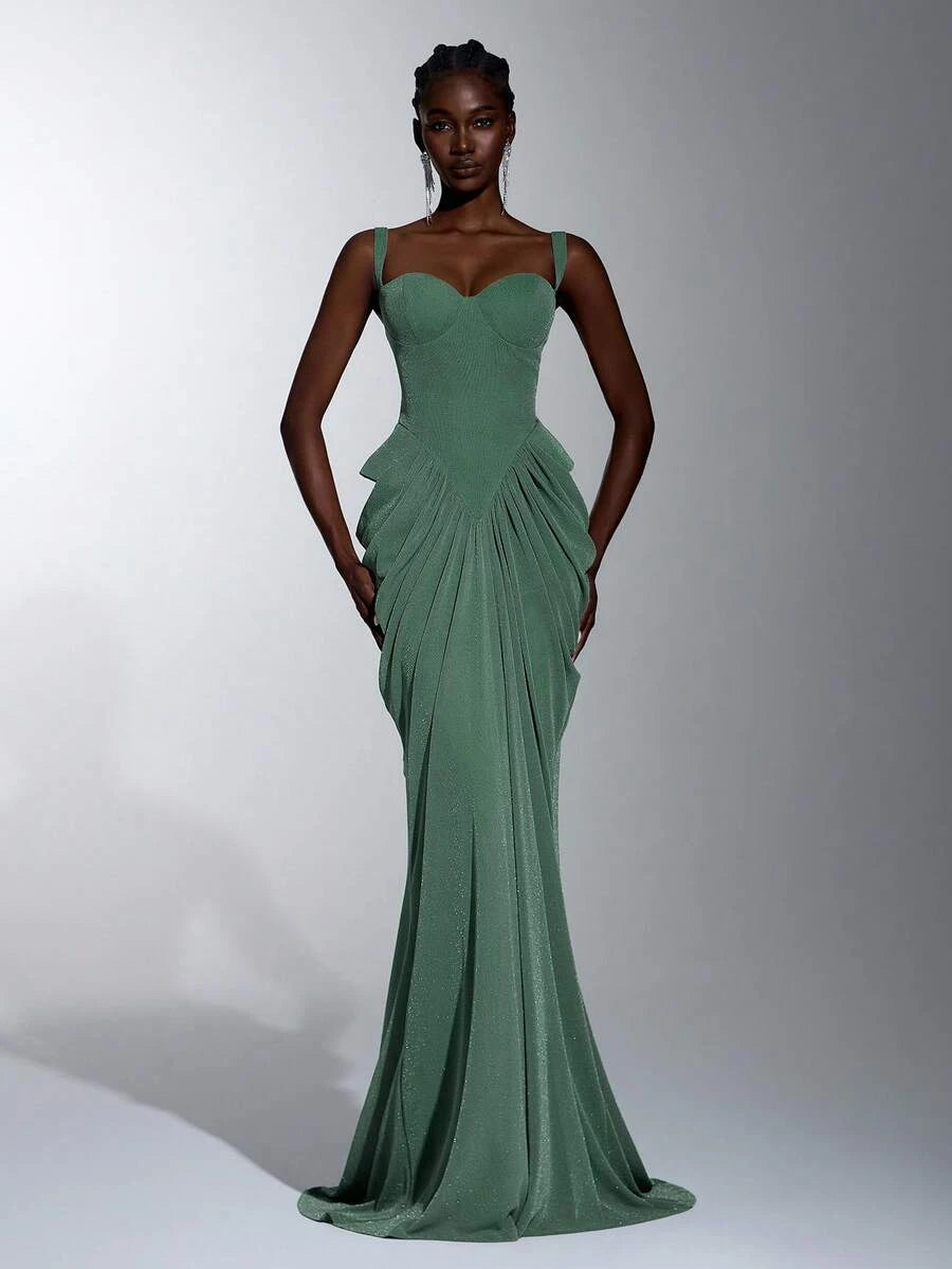 Chic Mermaid Sweetheart Draped Shimmering Sage Green Floor-Length Prom Dress