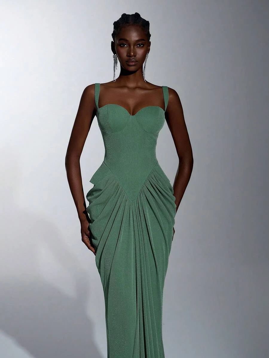 Chic Mermaid Sweetheart Draped Shimmering Sage Green Floor-Length Prom Dress