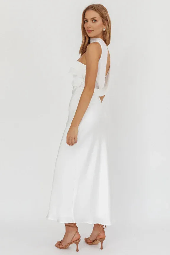 Chic Reverse Halter Frill Trim Open Back Sage Maxi Homecoming Dress Prom Dress