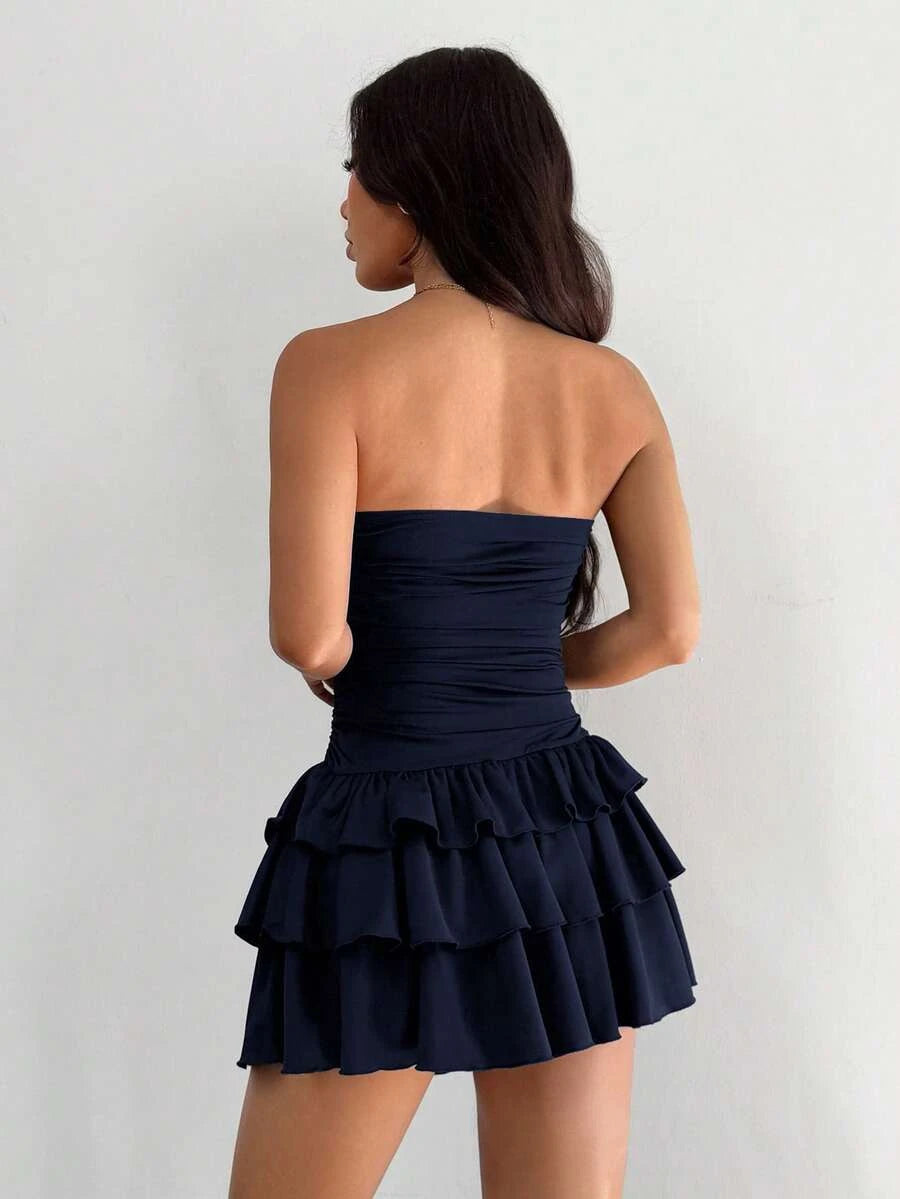 Chic Ruched Strapless Ruffled Tiered Navy Blue Mini Homecoming Dress For Ladies