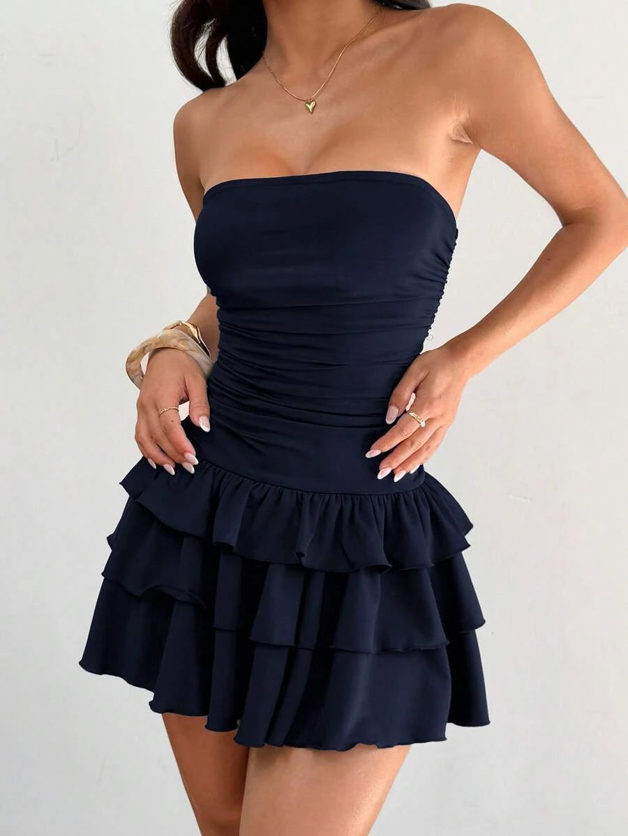 Chic Ruched Strapless Ruffled Tiered Navy Blue Mini Homecoming Dress For Ladies